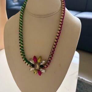 Colorful Statement Necklace Rhinestone Pendant Woven Chain Pink Green Gold Tone